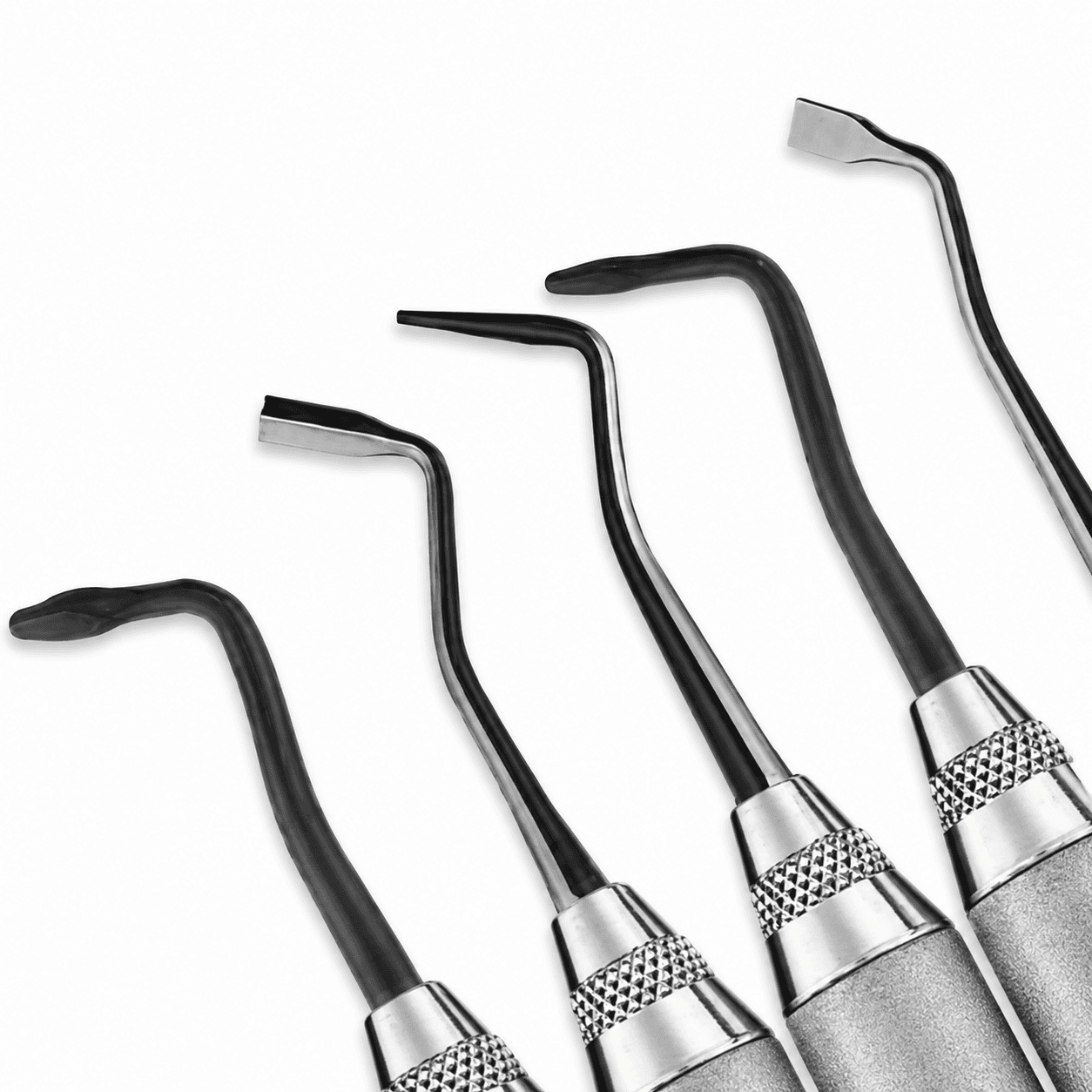 Dental hand instruments fanned in close-up
